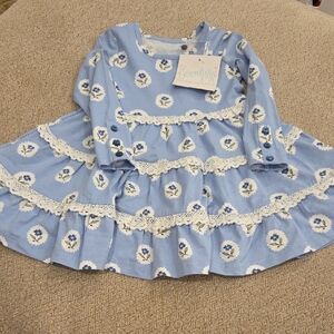Seersucker Blue Floral Lace-Trim Kids Casual Dress